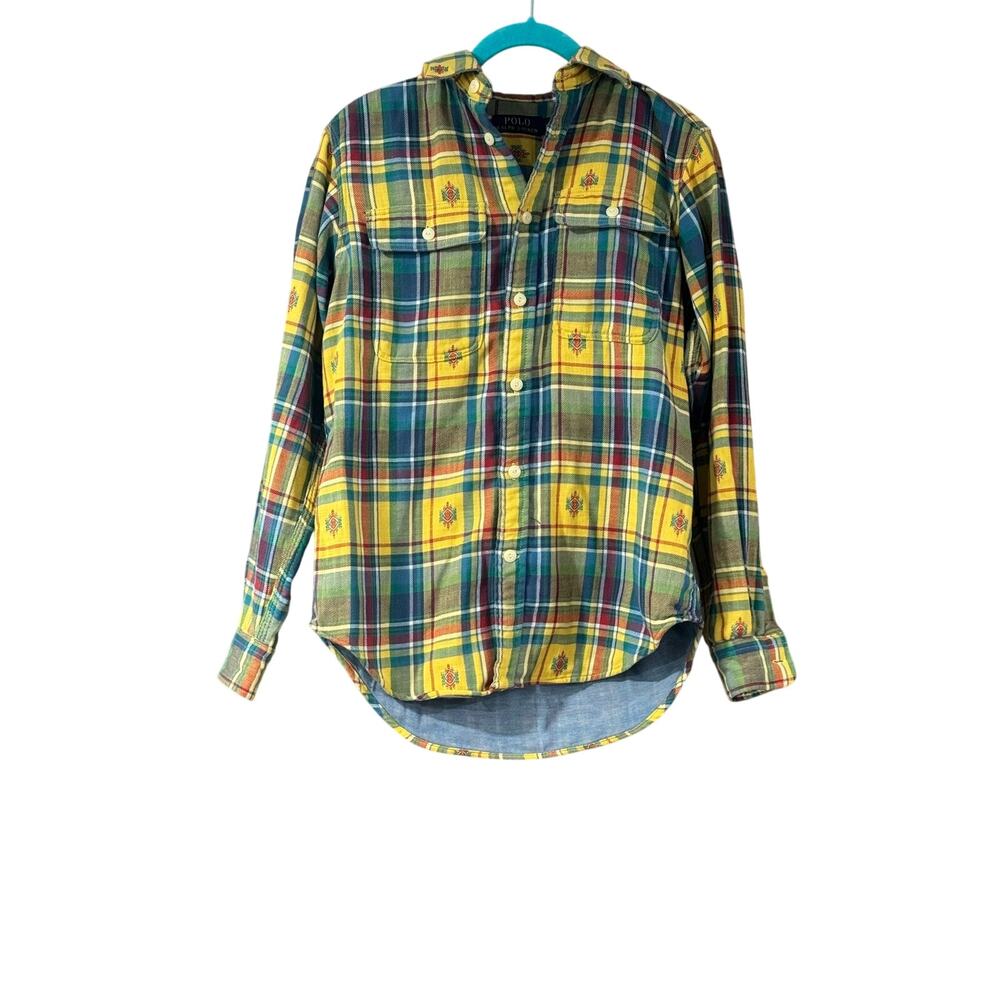 Polo Ralph Lauren Womens Flannel Shirt Size XS Plaid Southwestern Lined Yellow